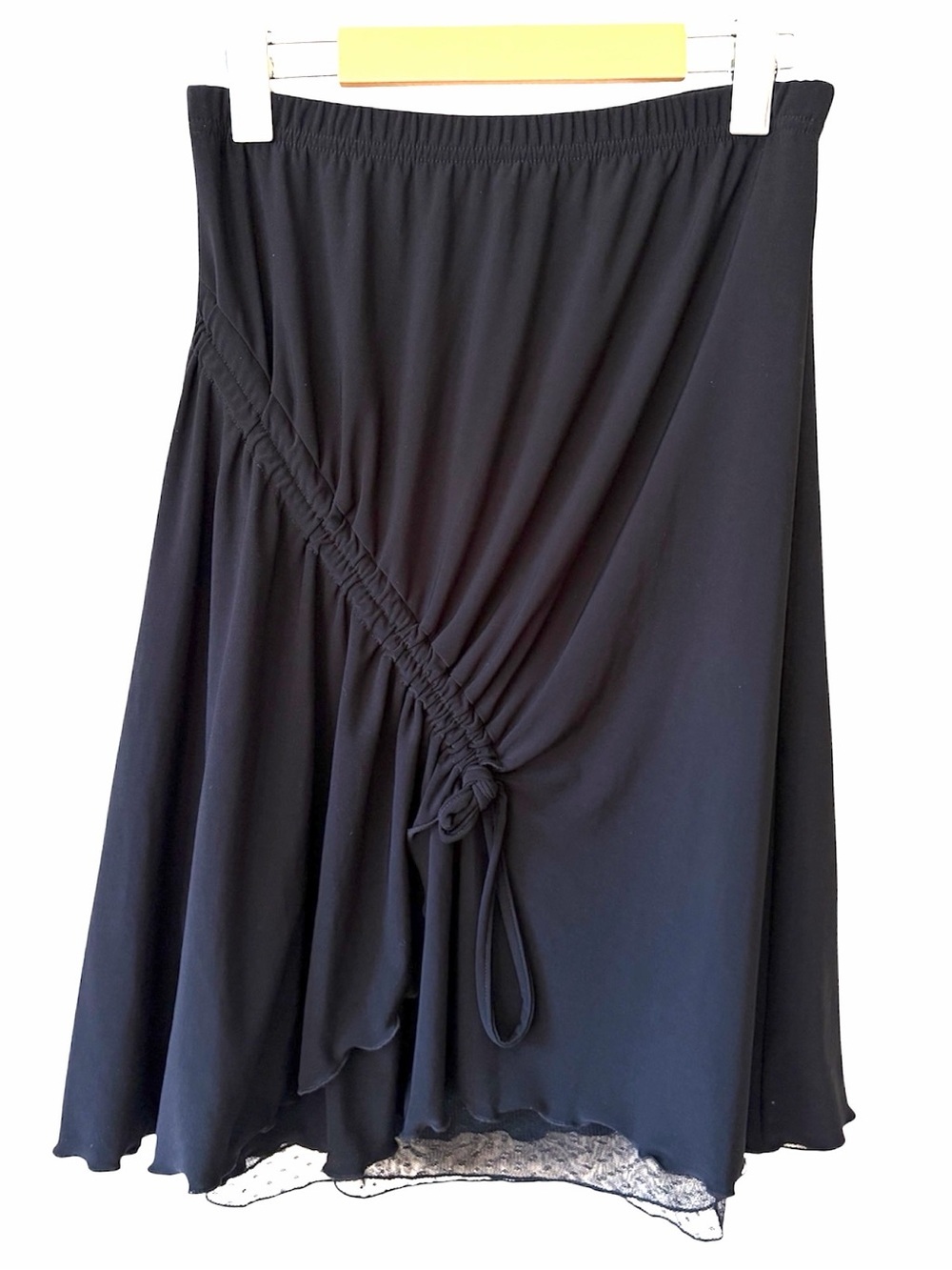 Vintage Made in Canada Black Ruched Wrap Midi Skirt Asymmetrical Drawstring Y2K